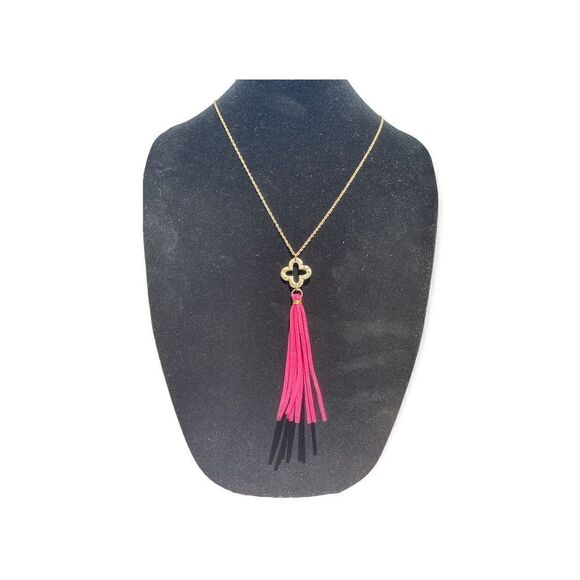 Envious Brushed Gold Tone Long Chain with Fushia Leather Tasle - Picture 1 of 6